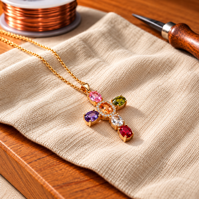 Dije de Cruz de Cobre con Zirconias y Cadena