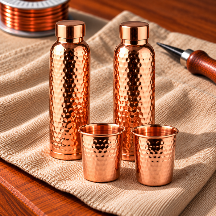 Set de Regalo de Cobre Martillado – 2 Botellas y 2 Tazas